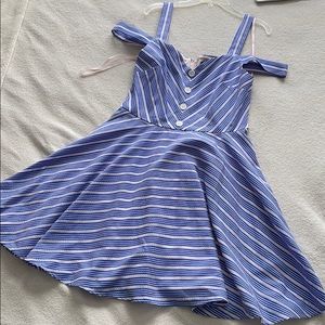 Blue Pink Stripe Off the Shoulder Dress